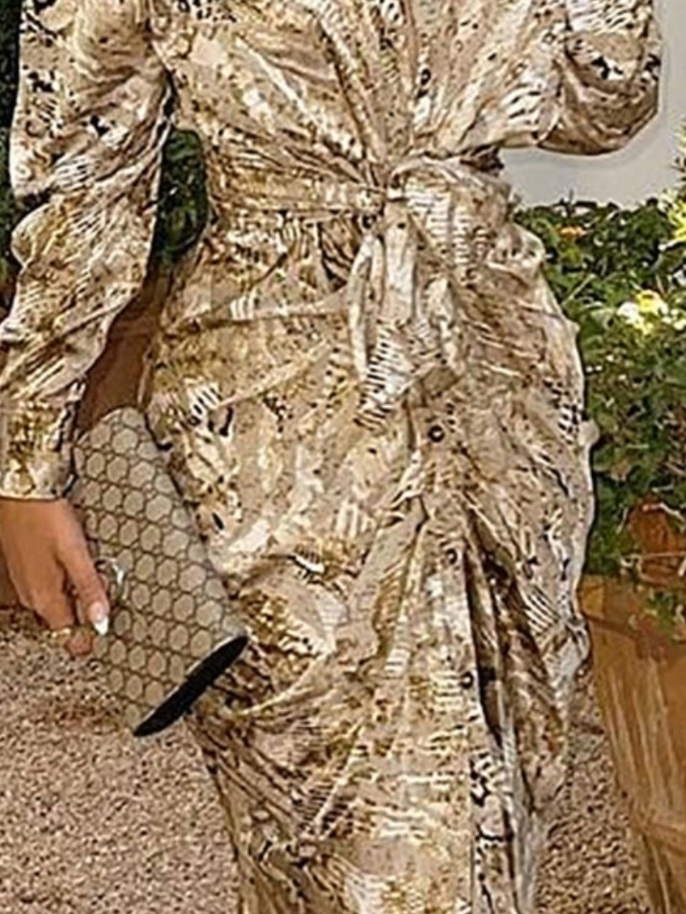Fashion Nova Metallic Neutral Wrap Dress in Gold-Beige - Picture 7 of 8